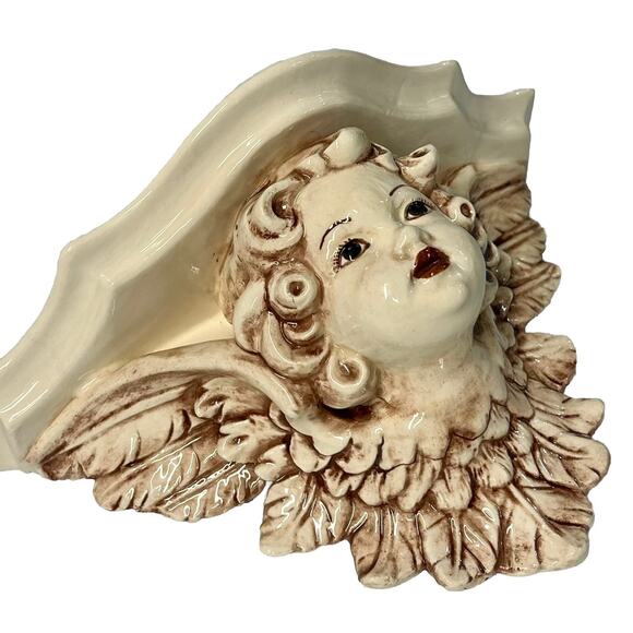 VTG BaroqueCherub Angel Sconce Wall Shelf Corbel Hand Painted Glazed Ceramic - Picture 3 of 8